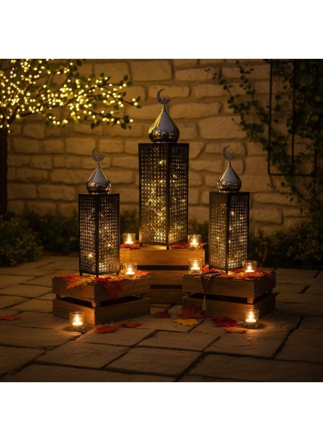 Mado Gallery Set of 3 Black Metal Islamic LED Lanterns with Crescent Moon – Warm Light Ramadan & Eid Indoor Outdoor Decor, Battery Operated (3 AA) - Image 4